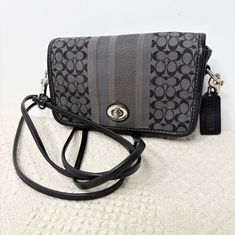 Coach Legacy Signature Stripe Penny Shoulder Bag 19919 Black Grey Silver Mini
